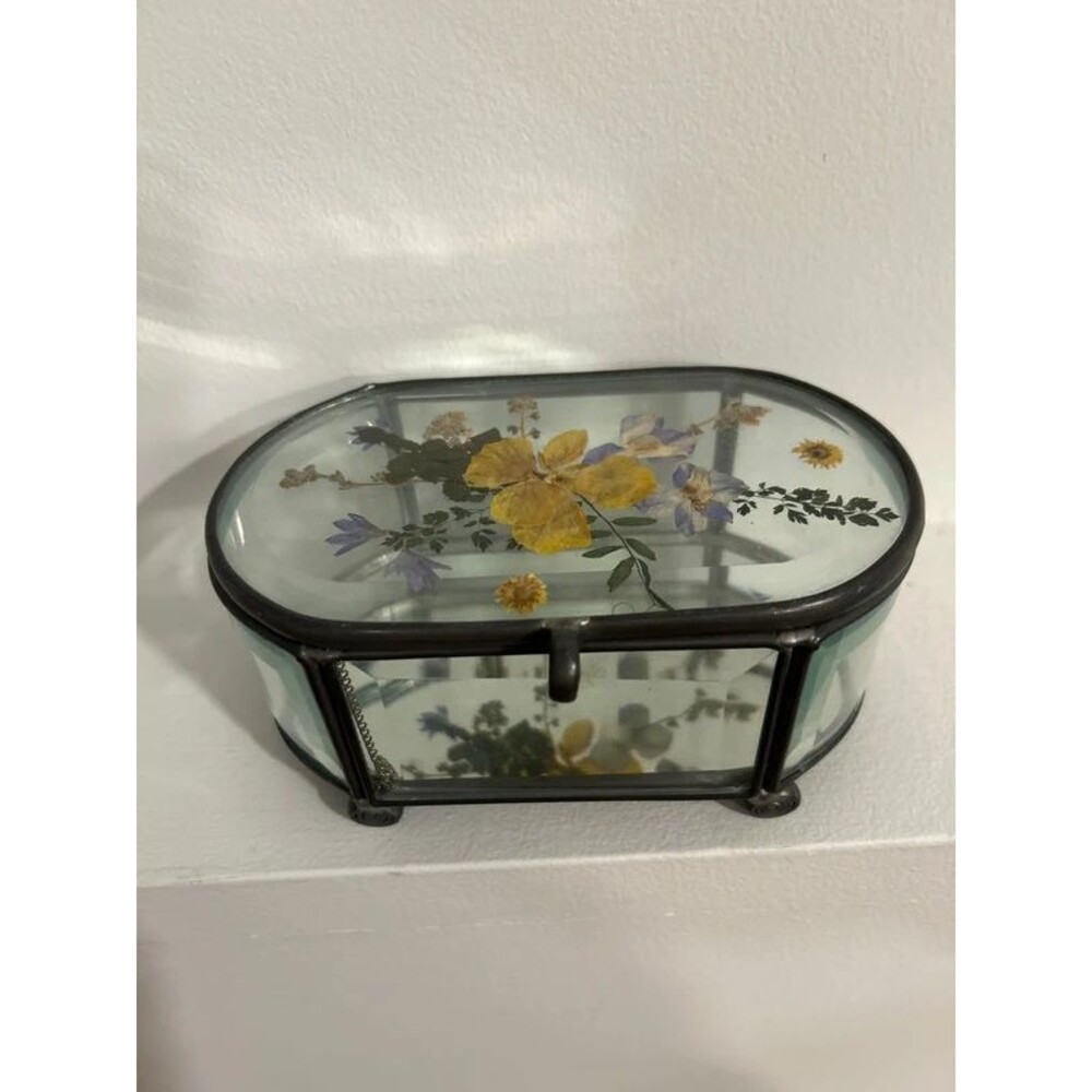 Vintage Beveled Glass Trinket Box Pressed Dried Flower Mirror Base Jewelry Trink